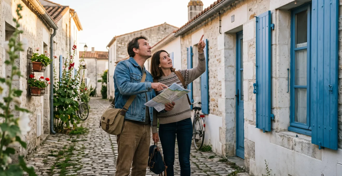 A couple studies a villa frontage in a quiet Île de Ré village street.