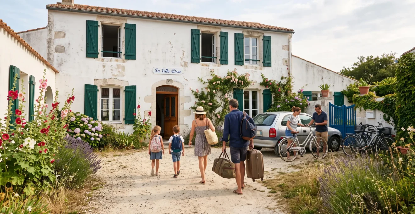 A family arrives with bicycles and bags at a whitewashed villa on Île de Ré.