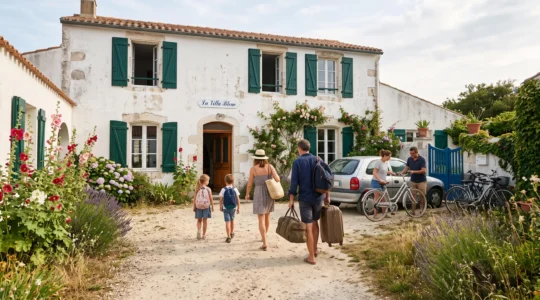 A family arrives with bicycles and bags at a whitewashed villa on Île de Ré.