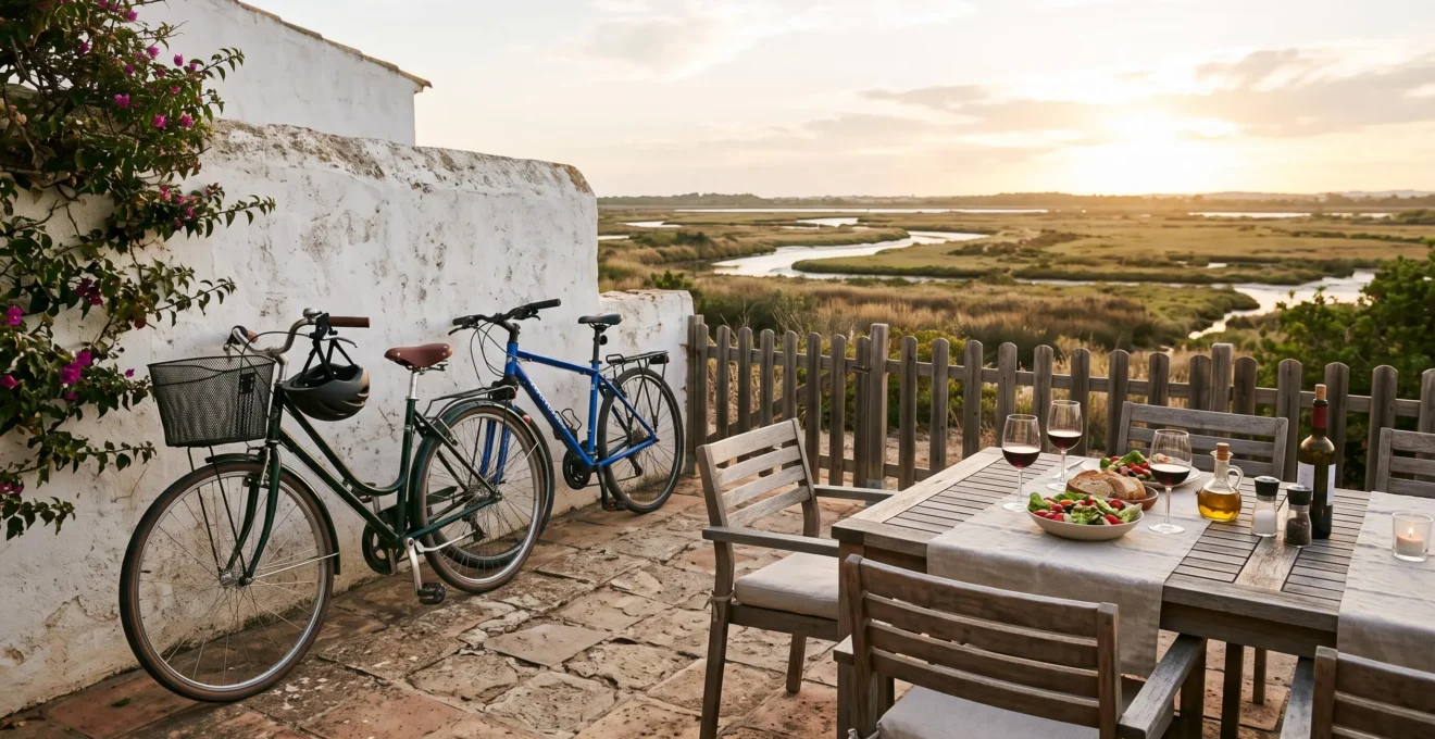 A terrace table is set for dinner beside bicycles at a villa on Île de Ré.